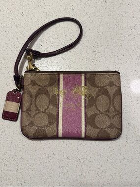 Coach Tan Signature Canvas Wristlet with Pink Stripe and Burgundy Trim